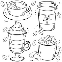 Vector contour illustration with coffee, americano, espresso, latte and marshmallow on white background. Good for printing. Coloring book idea. Doodle style. 