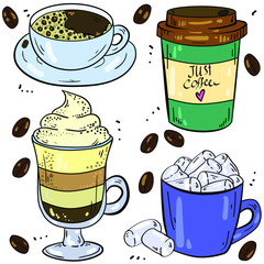 Vector colorful illustration with coffee, latte, marshmallow and coffee beans on white background. Isolated illustrations, doodle style. Good for printing. Logo and postcard elements.