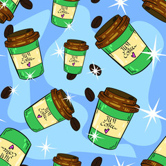 Seamless vector pattern with coffee cup and coffee beans on blue background. Good for printing. Wallpaper and wrapping paper design. Textile and fabric pattern. Cute pattern.