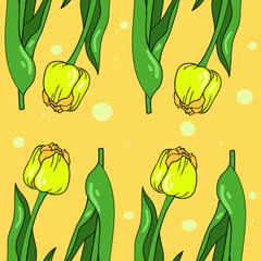 Seamless vector pattern with tulip on yellow background. Wallpaper , textile and fabric design. Good for printing. Cute wrapping paper pattern with spring bouquet. 