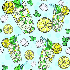 Vector seamless pattern with mojito cocktail, lemon slice and mint leaf on blue background with circles. Wallpaper, textile and fabric design. Good for printing. wrapping paper pattern. Cute pattern.