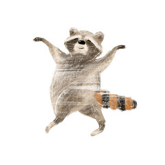 Cute hand drawn illustration of raccoon in acrobatic pose ideal for forest projects and autumn paper crafts - obrazy, fototapety, plakaty