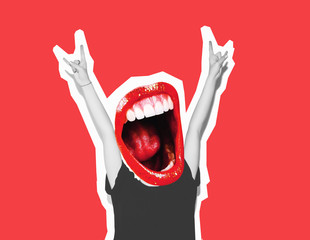 Stylish trendy collage of modern art. Instead of a head, a crazy mouth screams, giving a sign of rock and roll, a gesture of the devil's horn. Bright red lips, white teeth, mouth with a long tongue - obrazy, fototapety, plakaty