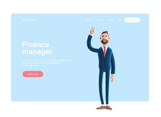 3d illustration. Portrait of a handsome businessman showing victory sign. Web banner, start site page, infographics, concept.