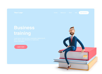 Handsome beard businessman Billy is sitting on a stack of books. The concept of business education. Web banner, start site page, infographics, business training concept.