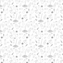 Hand drawn sketch cleaning objects seamless. Vector isolated cleaning products patern.
