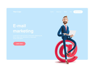 3d illustration. Portrait of a handsome businessman with laptop and at sign. Web banner, start site page, infographics, Social media concept.