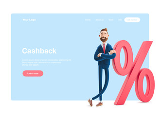 3d illustration. Businessman Billy and big percent icon. Concept business interest rate. Web banner, start site page, infographics, cashback concept.