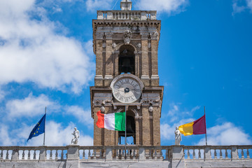 Fototapeta na wymiar The tower of Senatorial Palace, Piazza del Campidoglio, Rome, Italy