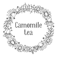 Round frame with camomile flowers. Hand drawn sketch vector illustration black on white background. Design template for tea package