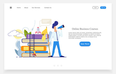 vector flat web illustration online business courses, a young guy with a speaker on the background...