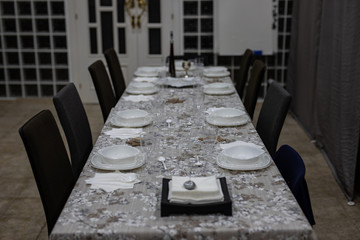 View of a settled table for dinner with no people
