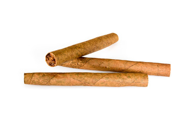 Three tobacco cigarillos isolated on white background. Macro close up, high resolution.