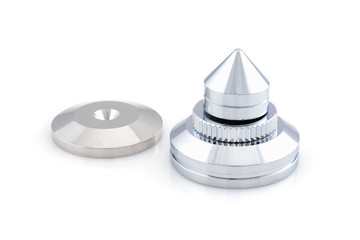 Audio stainless steel cone spike with shockproof isolation foot for audio. Stand pad for speaker, amplifier, turntable, DAC, recorder. Close up on white background.