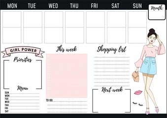 Weekly planner design with fashion elements and young women. Vector illustration
