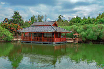 Bandung, Indonesia - November 15, 2018 : A floating house build with japanese style in Floating Market Lembang, Bandung