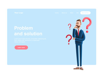 3d illustration. Businessman Billy looking for a solution. Web banner, start site page, infographics, problem and solution concept.