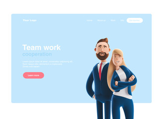 3d illustration. Business couple Emma and Billy standing on a blue background. Web banner, start site page, infographics, teamwork concept.