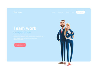 3d illustration. Business couple Emma and Billy standing on a blue background. Web banner, start site page, infographics, teamwork concept.