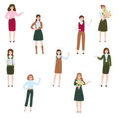 Elegant women in different poses set. Raster illustration in flat cartoon style