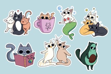 Set of cute cats stickers. Avocado cat, coffee-cat. Cat reading a book. Pyramid made of cats.