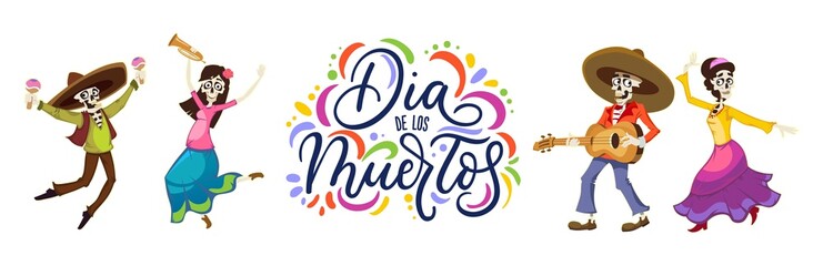 Dia de los Muertos greeting card for Day of the Dead. Greeting vector illustration with dancing skeletons and lettering on white background