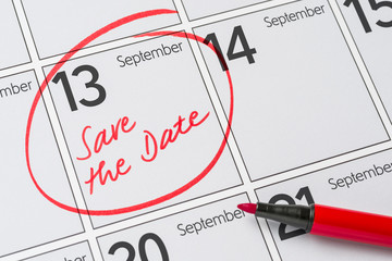 Save the Date written on a calendar - September 13