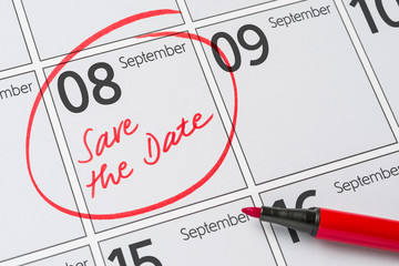 Save the Date written on a calendar - September 08