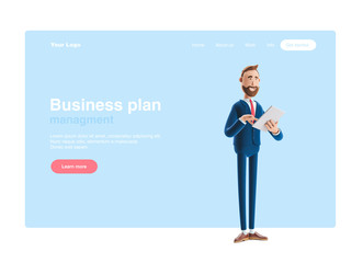 3d illustration. Businessman is holding a notebook and smiling. Web banner, start site page, infographics, business plan concept.