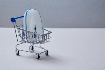 Online market and and shoping. Computer mouse lying in the basket