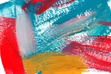 Mixed colors acrylic texture background. Hand drawn red, yellow and blue smears, brush strokes abstract backdrop.