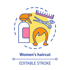 Women haircut concept icon. Hair care and treatment products. Hairstyling idea thin line illustration. Hairdresser salon equipment, hairstylist tools. Vector isolated outline drawing. Editable stroke