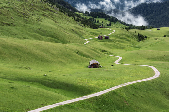 view over meadow with a path and some mountain huts