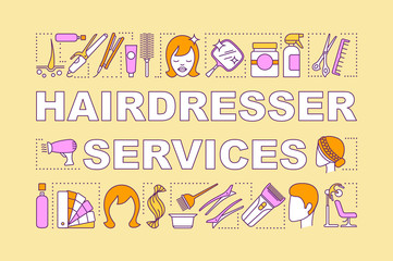 Hairdresser services word concepts banner. Beauty service. Hair salon. Haircut and coloring. Presentation, website. Isolated lettering typography idea, linear icons. Vector outline illustration