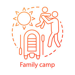 Family camp concept icon. Summer parents and children club, holiday resort idea thin line illustration. Kids and adults activity, interest. Vector isolated outline drawing. Editable stroke