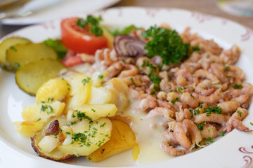 north sea crabs with fried potatoes, sauce and salad garnish, regional seafood delicacies on the coast in northern germany, close-up shot