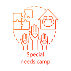 Obraz premium Special needs camp concept icon. Summer handicapped, charity club, community idea thin line illustration. Social aid, assistance organisation. Vector isolated outline drawing. Editable stroke