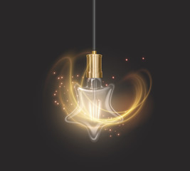 Star shaped bulb in retro style on dark substrate, glowing light bulb in realistic style Vector illustration