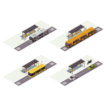 City transport isometric color vector illustration. Public urban transportation infographic. Bus stop. Tram, trolleybus, cars and motorcycle. Auto 3d concept isolated on white background