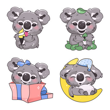 Cute koala kawaii cartoon vector characters set. Adorable and funny animal eating eucalyptus, sleeping isolated stickers, patches pack. Anime baby in gift box, eating ice cream on white background