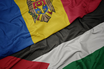 waving colorful flag of palestine and national flag of moldova.