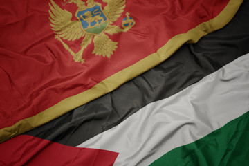 waving colorful flag of palestine and national flag of montenegro.