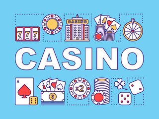 Casino word concepts banner. Gambling. Games of chance. Roulette, poker, slot machine. Presentation, website. Isolated lettering typography idea with linear icons. Vector outline illustration