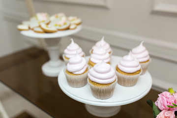 white plate with sweet muffins. wedding cupcakes