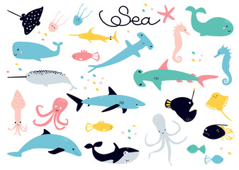 Scandinavian  collection of vector drawings on the theme of sea animals  - stingray; jellyfish; fish; narwal; squid; calamary; dolphin; octopus; hammerhead shark; shark; whale; starfish; sea horse