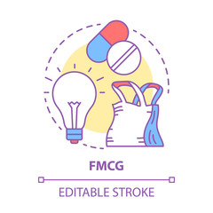 FMCG concept icon. Fast moving consumer goods idea thin line illustration. Low cost and quickly sold products. Market industry management. Vector isolated outline drawing. Editable stroke