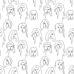 Modern seamless pattern with linear abstract woman face. Continuous line art. One line drawing. Minimalist graphic.