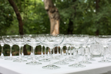Many empty clean glasses for guests at the buffet festive wedding table