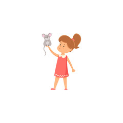 Cute little girl holds mouse in hand. Raster illustration in flat cartoon style