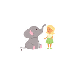little girl with baby elephant. Raster illustration in flat cartoon style